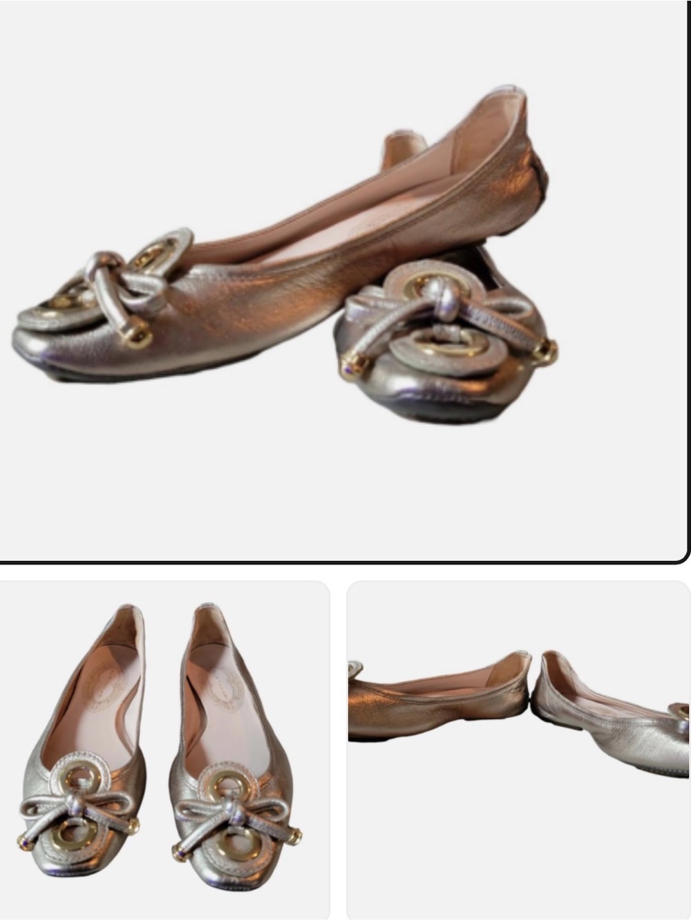 Elie Tahari Metallic Silver Bow-Accent Ballet Flat Size 8